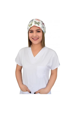 Unisex Yeşil Kelebek Likralı Cerrahi Doktor Hemşire Hastane Medikal Aşçı Bonesi Beyaz Beyaz