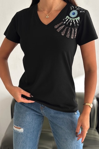 Femelle Kadın Siyah V Yaka Omzu Nakış Ve Pul Payet İşlemeli %100 Pamuk T-shirt