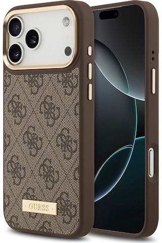 Apple Uyumlu iPhone 17 Pro Max Kılıf Guess Lisanslı M-safeli 4g Desenli Pu Metal Plaka Klasik Logolu Kahverengi Kahverengi