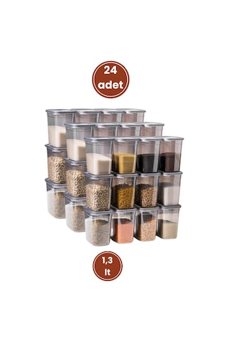 Flora Kare Erzak Saklama Kabı 24'lü Set, Gıda Baharat Bakliyat Saklama Kabı Orta Boy 24x 1,3 Lt Şeffaf Gri