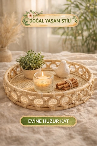 El Yapımı Doğal Rattan Tepsi Yuvarlak Sunum Kahve Servis Dekoratif Tepsi 30x7 Cm