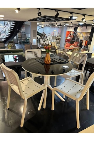 Royal Rattan Yuvarlak Camlı Masa Takımı 4 Kişilik Camlı Kapuçino