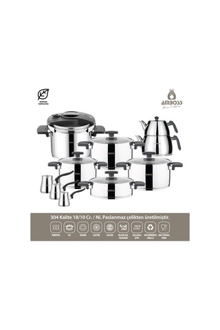 Enio Paslanmaz Çelik Tencere Çeyiz Seti - Gri 18 Parça
