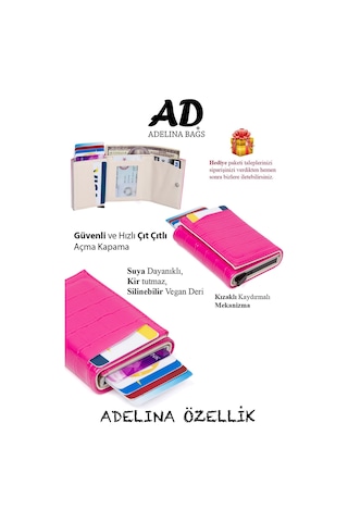 Adelina Timsah Desenli Fuşya Mekanizmalı Otomatik Kızaklı Kartlık Pembe