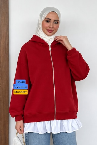 Balenbi Kadın 3 İplik İçi Polarlı Kapüşonlu Fırfır Detaylı Tesettür Basic Sweat Hırka 394 Kırmızı
