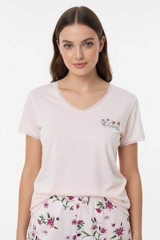 Kompedan Kadın Ring Viskon V Yaka Altı Desenli Kısa Kol Pijama Takımı Pembe 40113-4119