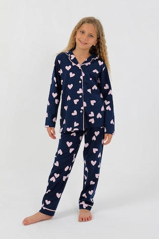 Kız Çocuk Uzun Kollu %100 Pamuklu Düğmeli Pijama Takımı Heartie Indigo