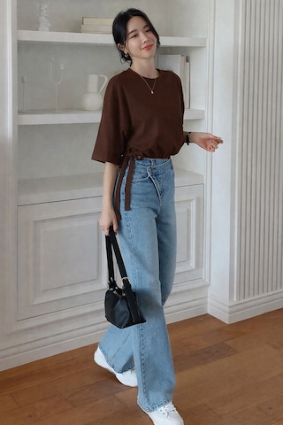 Kadın Oversize Basic Haki Tişört Yan Bağlamalı Rahat Kesim Günlük Yazlık T-shirt Kahverengi