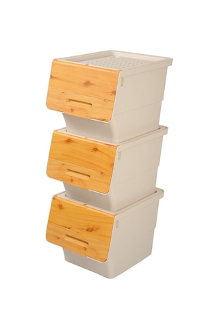 Motek MT05B Freebox 33 Litre Bambu Desen Tekerlekli 3*33 Lt 3'lü Beyaz - Şeffaf