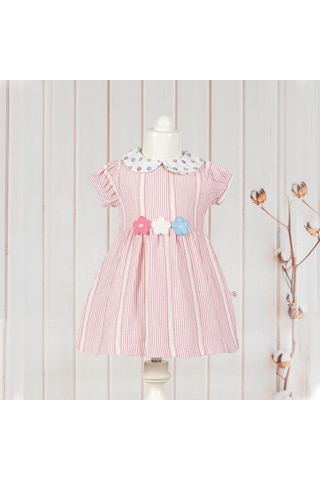 Ürünya Kız Bebek Çocuk Çiçek Desenli Kısa Kollu Elbise Pembe