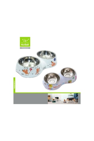 Nunbell İkili Köpek Figürlü Melamin Çelik Mama Kabı M