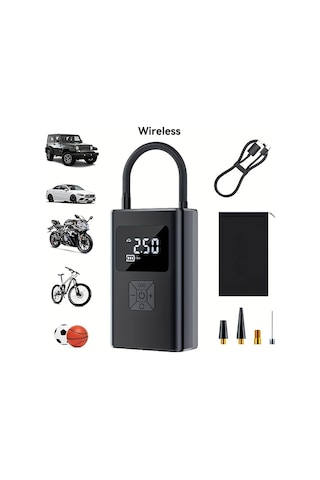 Primepickings Black Taşınabilir Şişirme Cihazı Led Işıklı Dijital Lastik Şişirme Kablosuz Şarjlı Ve Fişli Araç Motosiklet Bisiklet Balonlar İçin