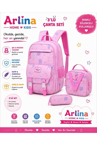 Kore Model 3 Lü Set Su Geçirmez Kız Çocuk Çantası Pembe Çanta-beslenme-kalemlik Seti
