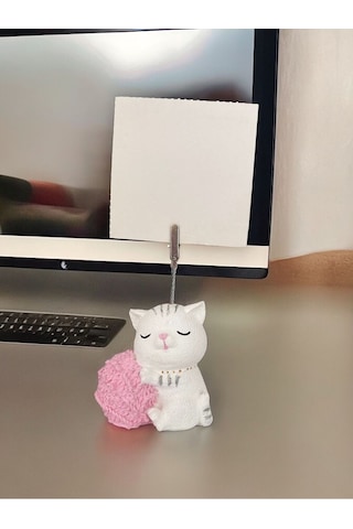 Yumak Tutan Kedi Not - Fotoğraf Tutuculu Biblo Obje Beyaz Pembe