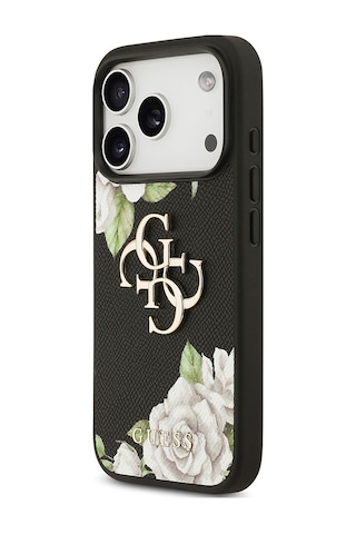 Apple Uyumlu iPhone 17 Pro Kılıf Guess Lisanslı Gül Baskılı Büyük Metal Logo Dizaynlı Kapak Siyah Siyah