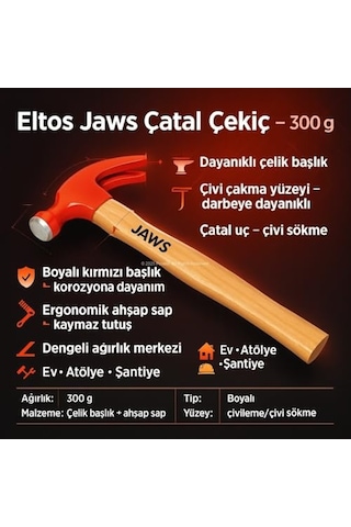 Jaws Çatal Çekiç, 300 Gram, Dayanıklı Çelik Başlık, Ergonomik Ahşap Saplı, Boyalı, Çivileme Ve Çivi Sökme