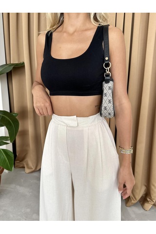 Natural Pamuk Yandan Düğmeli Geniş Paça Pantolon Ekru