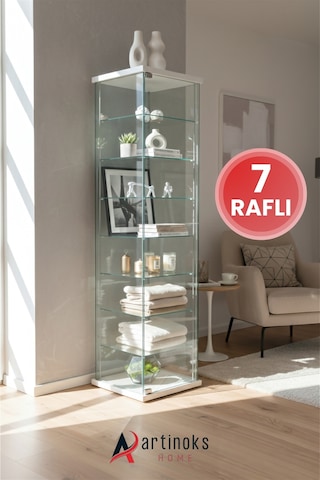 7 Raflı Sade Cam Vitrin Dolap Gümüşlük Koleksiyon Sergi Kitaplık Kapaklı Büfe Mutfak Raflı Vitrin Detolf Beyaz