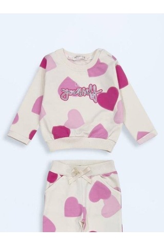 Kız Çocuk Pamuklu Kalp Desenli Eşofman Takım-15498 Çok Renkli