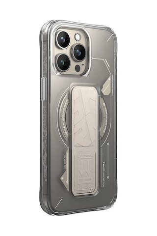Apple Uyumlu iPhone 15 Pro Max Kılıf Skinarma Magsafe Şarj Özellikli Teknoloji Desenli Standlı Helio Kapak Gri