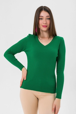 Miss Poem Kadın V Yaka Slim Fit Fitilli Uzun Kışlık Benetton Triko Kazak Yeşil