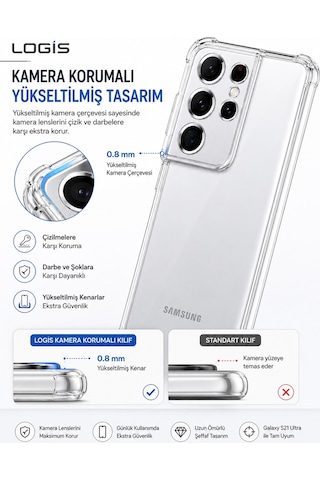 Logis Samsung Galaxy S21 Ultra Uyumlu Şeffaf Silikon Kılıf Kamera Korumalı Darbe Emici Esnek Tpu