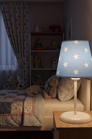 Bebek ve Çocuk Odası Konik Kumaş Abajur Masa Lambası Mavi Beyaz Yıldız