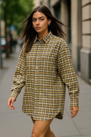 Kadın Sarı Oversize Ekoseli Gömlek Over Fit Relaxed Kareli Gömlek Çok Renkli