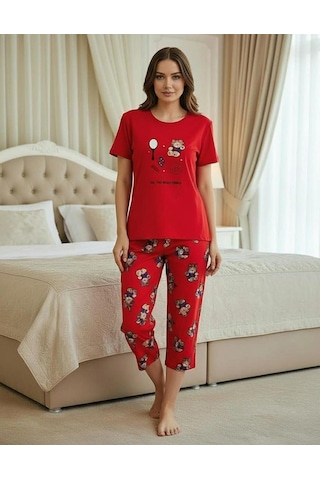 Mihra Kadın %100 Pamuk Bisiklet Yaka Kısa Kol Kapri Pijama Takımı 90787k - 1 Adet Kırmızı