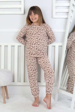 Minik Uyku Avcısı - Vahşi Rahatlık Serisi Leopar Desenli Kız Çocuk Pijama Takımı Kahverengi