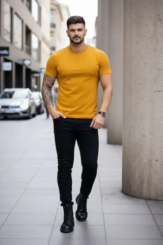 Veraura Lifestyle Erkek T-shirt Bisiklet Yaka Slim Fit Dar Kesim Likralı Tişört Günlük Basic Body - Limon