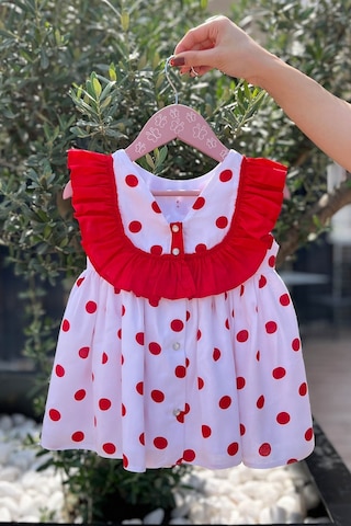 Kırmızı Fırfır Ve Benekli Beyaz Pamuklu Yazlık Elbise 001