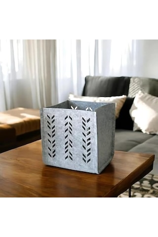 Keçe Saklama Kutusu Gri Renk, 16x16x16 Cm Dekoratif Organizer Sepet, 3 Mm Kalınlıkta, Çok Amaçlı Tekli Kutu Açık Ahşap