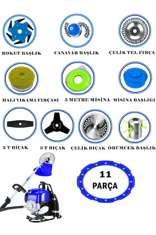 Eisenn German RX-11 Stahl Sırt Tipi Benzinli Ot Çalı Çim Biçme Tırpanı + 11 Parça Full Set Halı Yıkamalı