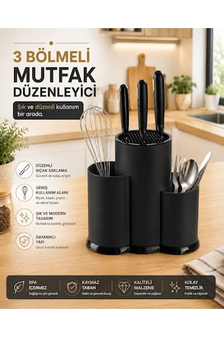Tezgah Üstü Bölmeli Bıçaklık - Kaşık Kepçe Bıçak Standı Mutfak Düzenleyici Organizer Kaşıklık Siyah S-10137