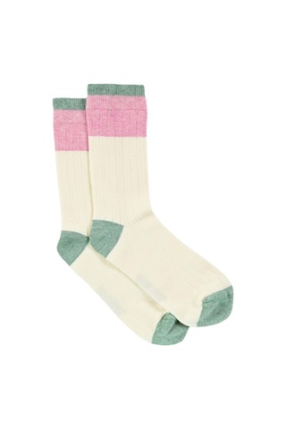 Kadın Krem-pembe Blok Desenli Soket Çorap Krem