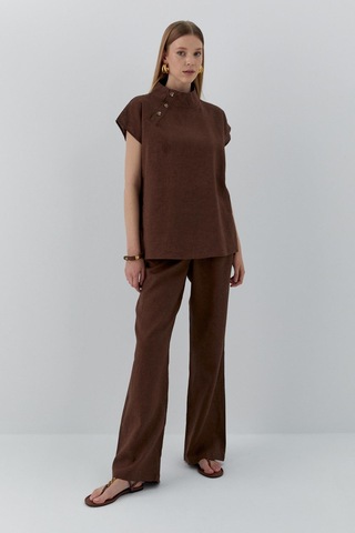 Düğme Detaylı Keten Takım Kahverengi Kahverengi