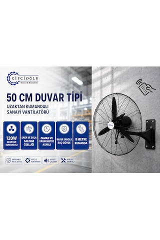 Çifçioğlu Siyah Duvar Vantilatörü 20 İnç 50 Cm Uzaktan Kumandalı 120 Watt