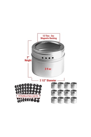 Springsun 12'li Paslanmaz Çelik Manyetik Baharat Kavanoz Seti - Görünür Kapağı, Dökme Ve Süzme Tasarımı + 144 Adet Baskılı Etiket Gümüş