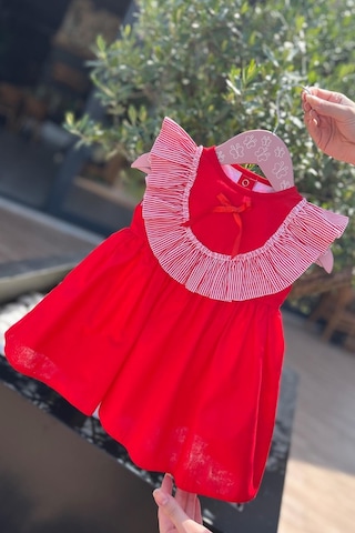 Çizgili Fırfırlı Kız Çocuk Bebek Kırmızı Kolsuz Pamuk Elbise 001