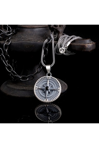 925 Ayar Gümüş Yön Pusulası Model Zirkon Taşlı Kolye