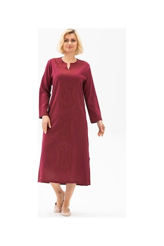 Eliş Şile Bezi Uzun Kol Şile Bezi Simli Kaftan Midi Boy Elbise Bordo