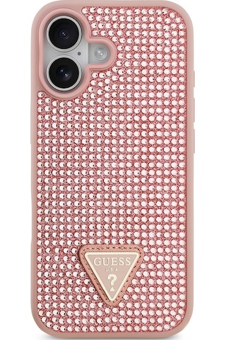 Apple Uyumlu iPhone 17 Kılıf Guess Lisanslı Taşlı Arka Yüzey Üçgen Logolu Kapak Pembe