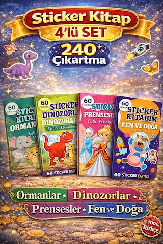 60 Çıkartmalı Sticker Kitabı Eğitici Etkinlik Kitabı Ormanlar, Dinazorlar, Prenses, Fen Ve Doğa