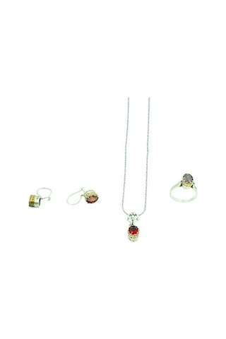 Yakut Taşlı Oksitli Otantik Gümüş Kadın Üçlü Set Yüzük Küpe Kolye