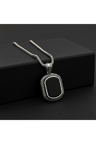 925 Ayar Gümüş Sarmaşık Desenli Oniks Taşlı Kolye Gümüş