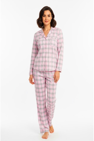 Bravie Luxury Viscose Pembe Ekose Desenli Kadın Uzun Kollu Büyük Beden Pijama Takımı 42531 Pembe