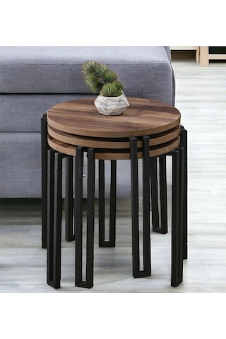 Fbt Üçlü Sehpa Servis Sehpasi Ceviz Mdf Lam Kaplama Tabla Siyah Metal Ayak Siyah