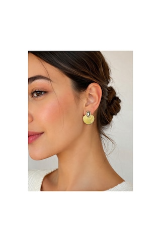 Taşlı Yelpaze Model Gold Küpe Şık Tasarım Kadın Küpe Altın