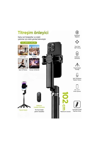 Bluetooth Kumandalı Gimbal Sabitleyici 102cm Selfie Çubuğu Ve Tripod Yatay Ve Dikey Eksenli Işık Takılabilir Diğer